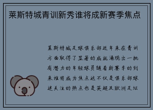 莱斯特城青训新秀谁将成新赛季焦点