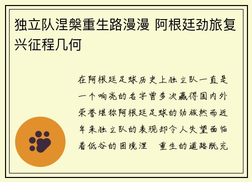 独立队涅槃重生路漫漫 阿根廷劲旅复兴征程几何